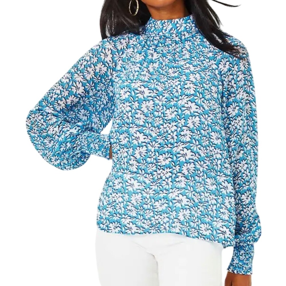 Lilly Pulitzer Ellie Lynn Long Sleeve Top Floral Palm Beach Petals Sz 6 NWT Blue